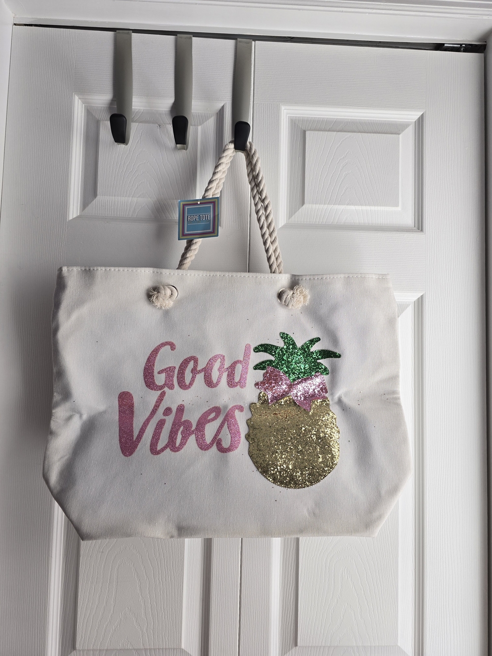 Good Vibes Canvas Tote Bag in White with Pink & Gold Pineapple